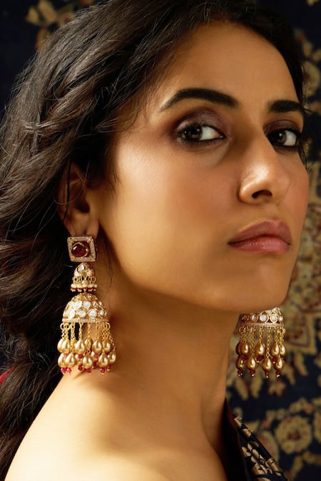 Joules by Radhika Gold Plated Polki And Pearl Embellished Jhumkas 