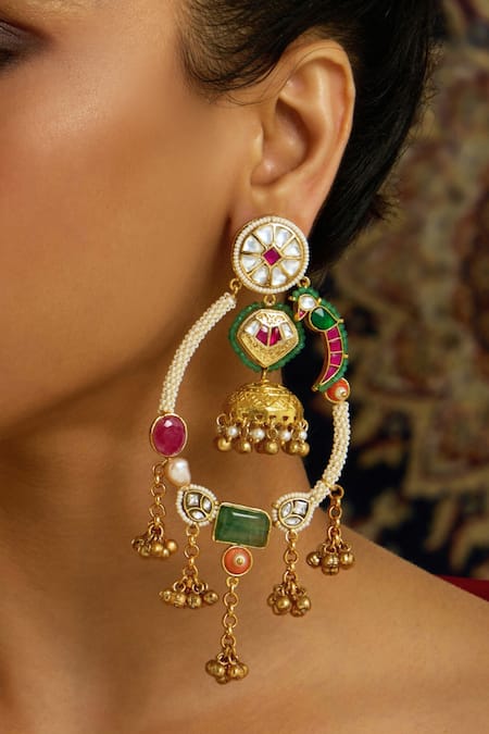 Shop Joules By Radhika Multi Color Stones, Beads Rajwadi Parrot Carved Earrings at Aza Fashions Shop_Joules By Radhika_Multi Color Stones, Beads Rajwadi Parrot Carved Earrings _at_Aza_Fashions