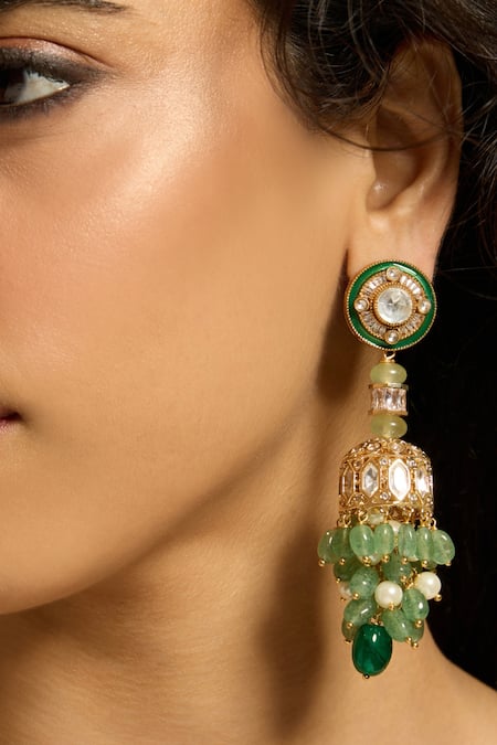 Shop Joules By Radhika Green Stones, Beads Studded Jhumkas at Aza Fashions Shop_Joules By Radhika_Green Stones, Beads Studded Jhumkas _at_Aza_Fashions