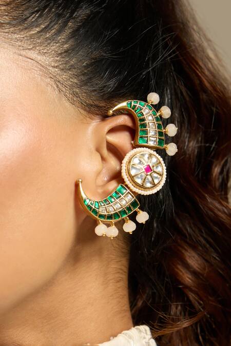 Shop Joules By Radhika Green Stones, Beads Embellished Ear Cuffs at Aza Fashions Shop_Joules By Radhika_Green Stones, Beads Embellished Ear Cuffs_at_Aza_Fashions
