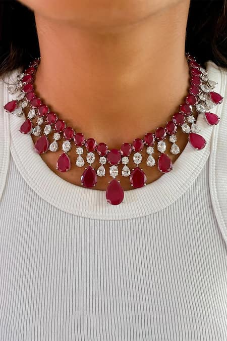 Prerto Ruby Infinite Orchid Diamond Necklace Set 