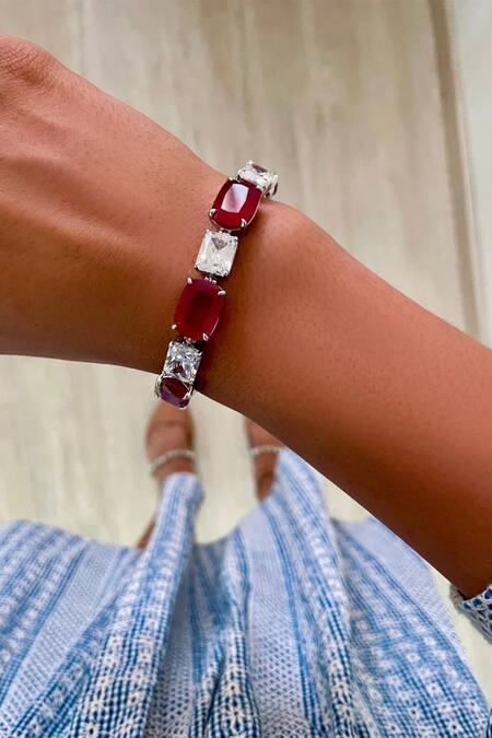 PRERTO_Red Diamonds, Stones Ruby Infinite Orchid Necklace Set_Online_at_Aza_Fashions