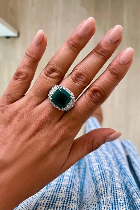 Buy_PRERTO_Green Diamonds, Stones Emerald Infinite Orchid Necklace Set_Online_at_Aza_Fashions