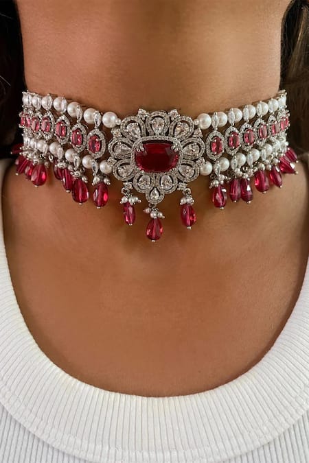 Prerto Red Ruby Stone Pearl Line Drop Diamond Necklace Set 