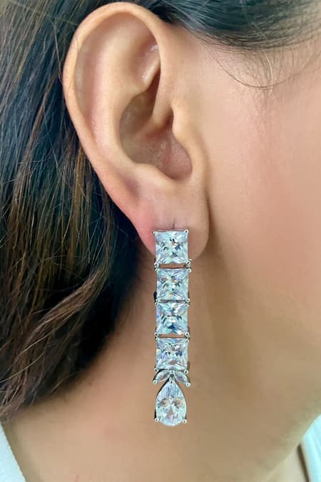 Shop PRERTO White Imitation Diamonds Juliet Tear Drop Quad Cut Necklace Set at Aza Fashions Shop_PRERTO_White Imitation Diamonds Juliet Tear Drop Quad Cut Necklace Set _at_Aza_Fashions