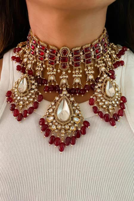 Prerto Maharani Padma Ruby Kundan Statement Necklace Set 