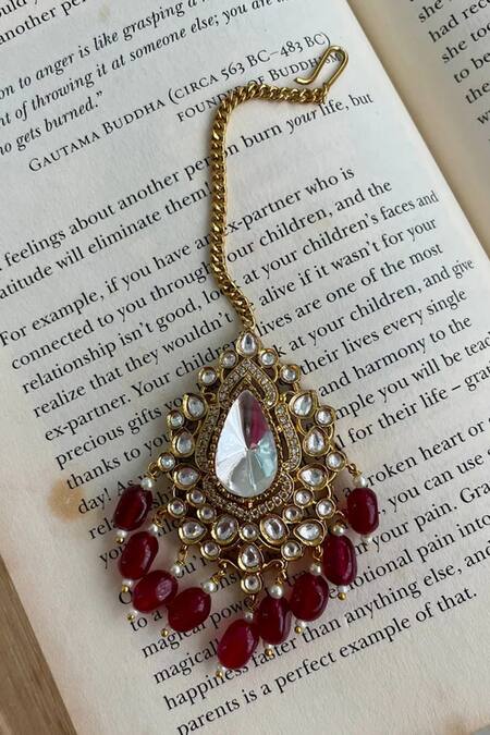 PRERTO_Red Rhinestones, Diamonds Maharani Padma Ruby Kundan Statement Necklace Set_Online_at_Aza_Fashions