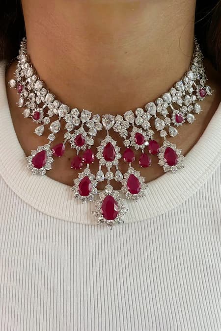 Prerto Rose Diamond Ruby Drop Necklace Set 