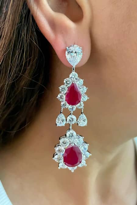 PRERTO Rose Diamond Ruby Drop Necklace Set 