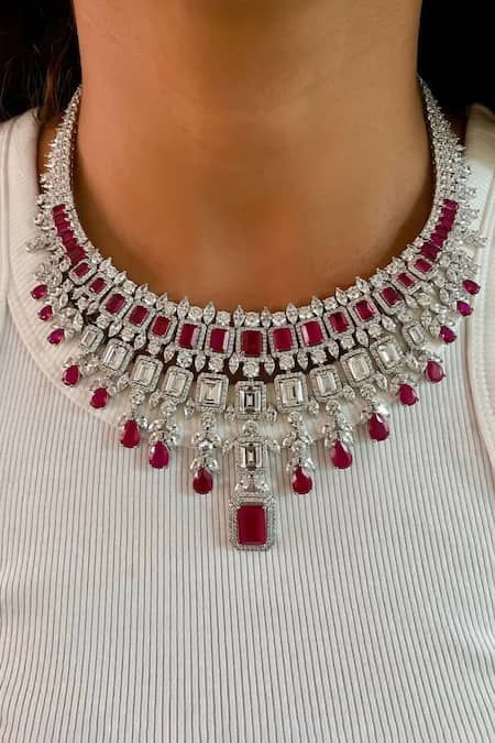 Prerto Red Diamond Baguette Embellished Necklace Set 