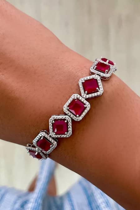 PRERTO_Red Crystals, Diamonds, Stones Baguette Embellished Necklace Set _Online_at_Aza_Fashions