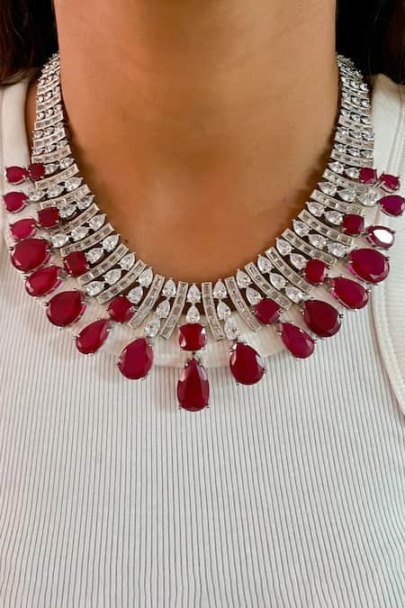 Prerto Red Ruby Magnolia Stone Embellished Necklace Set 