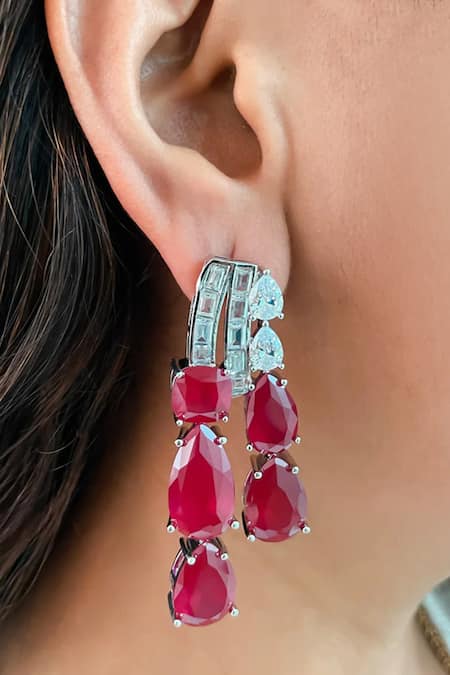 Shop PRERTO Red Crystals, Stones Magnolia Ruby Embellished Necklace Set at Aza Fashions Shop_PRERTO_Red Crystals, Stones Magnolia Ruby Embellished Necklace Set _at_Aza_Fashions