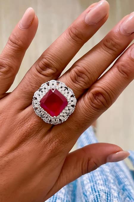 PRERTO Red Crystals, Stones Magnolia Ruby Embellished Necklace Set Online at Aza Fashions PRERTO_Red Crystals, Stones Magnolia Ruby Embellished Necklace Set _Online_at_Aza_Fashions