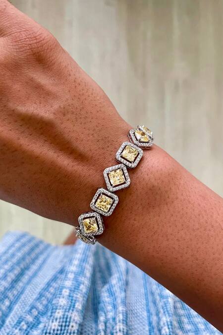 PRERTO_Yellow Crystals, Diamonds, Smocking Tear Drop Carved Necklace Set _Online_at_Aza_Fashions