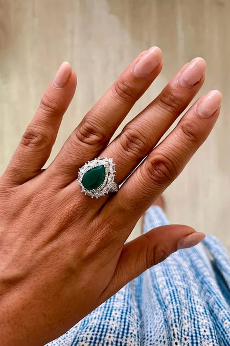 PRERTO Emerald Green Stones, Crystals, Diamonds Tear Drop Shaped Necklace Set Online at Aza Fashions PRERTO_Emerald Green Stones, Crystals, Diamonds Tear Drop Shaped Necklace Set _Online_at_Aza_Fashions