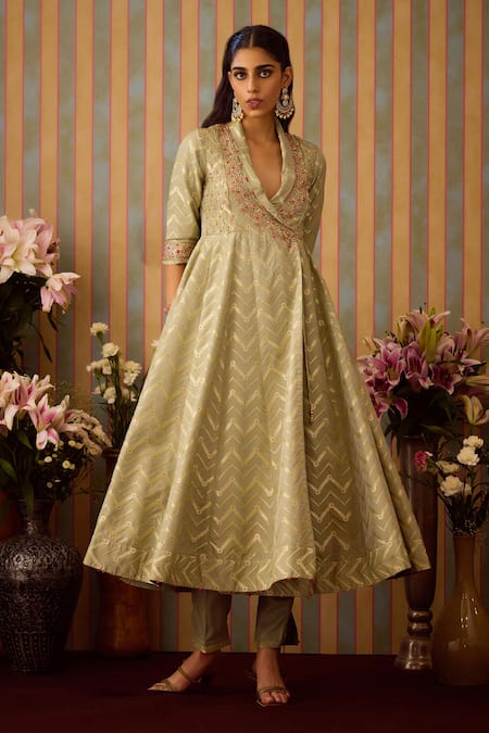 Shop_Shyam Narayan Prasad_Green Organza, Brocade Zari Shawl Neck Chevron Woven Angarkha Anarkali Set 