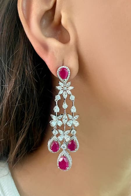 Shop PRERTO Red Crystals, Smocking, Diamonds Butterfly Carved Necklace Set at Aza Fashions Shop_PRERTO_Red Crystals, Smocking, Diamonds Butterfly Carved Necklace Set _at_Aza_Fashions