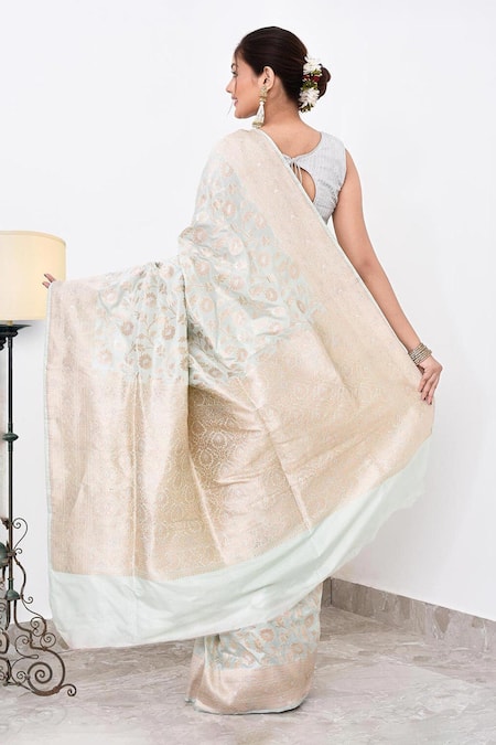 Shop_Naaritva India_Green Zari Alafi Jall Detailed Banarasi Saree With Running Blouse _at_Aza_Fashions