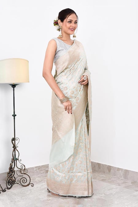 Buy_Naaritva India_Green Zari Alafi Jall Detailed Banarasi Saree With Running Blouse _Online_at_Aza_Fashions