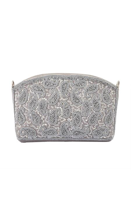 Boxwish By Bhumika Grey Sequins, Beads Paisley Embroidered Bag Online at Aza Fashions Boxwish By Bhumika_Grey Sequins, Beads Paisley Embroidered Bag _Online_at_Aza_Fashions