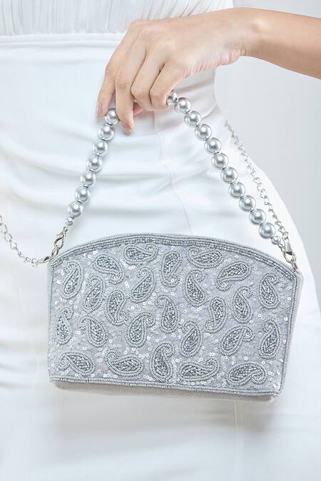 Boxwish By Bhumika Grey Sequins, Beads Paisley Embroidered Bag at Aza Fashions Boxwish By Bhumika_Grey Sequins, Beads Paisley Embroidered Bag _at_Aza_Fashions