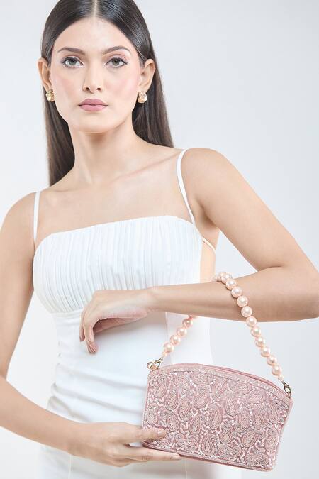 Shop Boxwish By Bhumika Pink Sequins, Cut Work, Embroidery Tonal Paisley Bag at Aza Fashions Shop_Boxwish By Bhumika_Pink Sequins, Cut Work, Embroidery Tonal Paisley Bag_at_Aza_Fashions