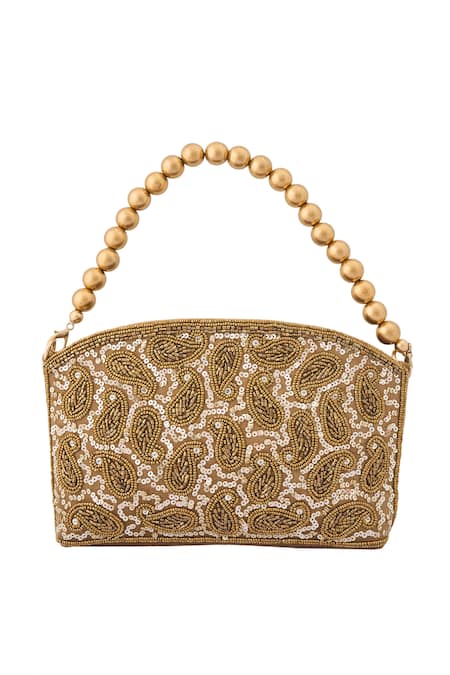 Boxwish By Bhumika Gold Tonal Beads Paisley Embroidered Bag 