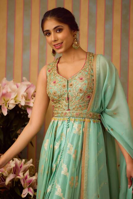 Buy Shyam Narayan Prasad Grey Organza, Georgette, Brocade Embroidery, Beads, Zardozi Anarkali Pant Set Buy_Shyam Narayan Prasad_Grey Organza, Georgette, Brocade Embroidery, Beads, Zardozi Anarkali Pant Set