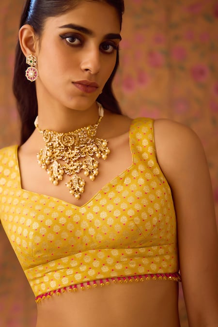 Shop Shyam Narayan Prasad Yellow Brocade, Organza Embroidery, Zari Damask Motif Woven Lehenga Set Shop_Shyam Narayan Prasad_Yellow Brocade, Organza Embroidery, Zari Damask Motif Woven Lehenga Set