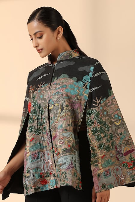 Dusala Black Silk Estelle Kalamkari Print Fine Wool Cape Online at Aza Fashions Dusala_Black Silk Estelle Kalamkari Print Fine Wool Cape _Online_at_Aza_Fashions