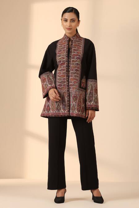 Dusala_Black Wool, Silk Bandeau Neck Shaz Fine Jacket _Online_at_Aza_Fashions