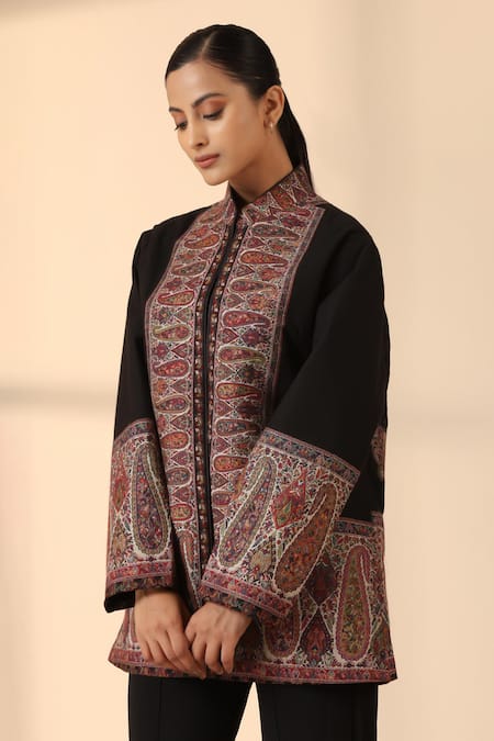 Buy_Dusala_Black Wool, Silk Bandeau Neck Shaz Fine Jacket _Online_at_Aza_Fashions