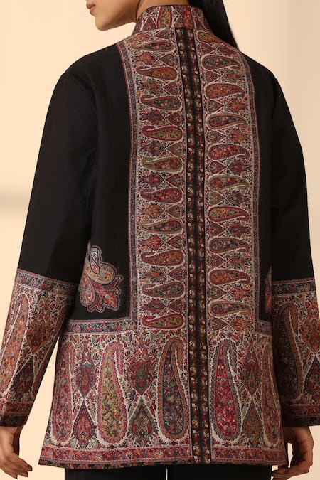 Shop_Dusala_Black Wool, Silk Bandeau Neck Shaz Fine Jacket _Online_at_Aza_Fashions