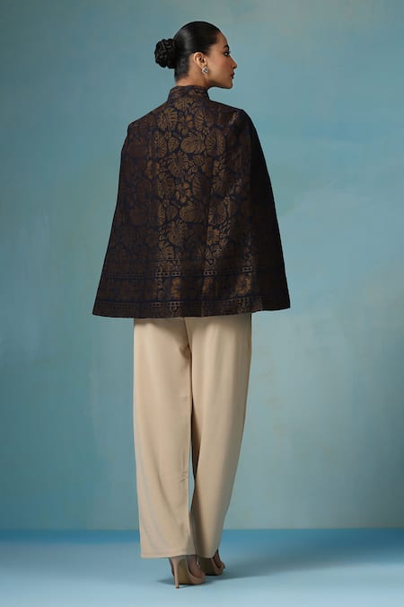 Shop Dusala Blue Silk Embroidery Foliage Zari Cape at Aza Fashions Shop_Dusala_Blue Silk Embroidery Foliage Zari Cape _at_Aza_Fashions