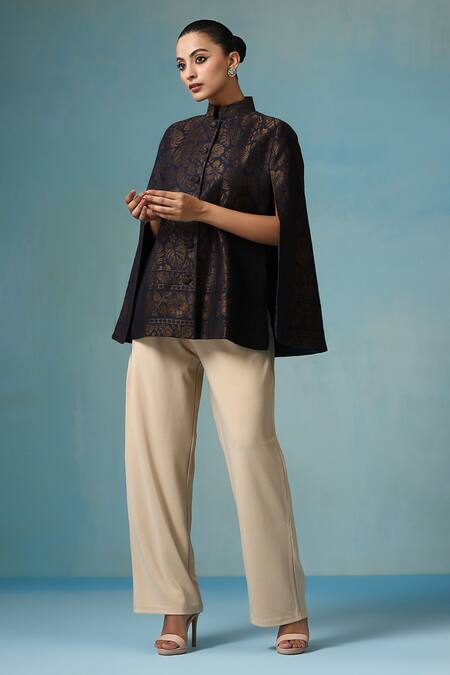 Dusala Blue Silk Embroidery Foliage Zari Cape Online at Aza Fashions Dusala_Blue Silk Embroidery Foliage Zari Cape _Online_at_Aza_Fashions