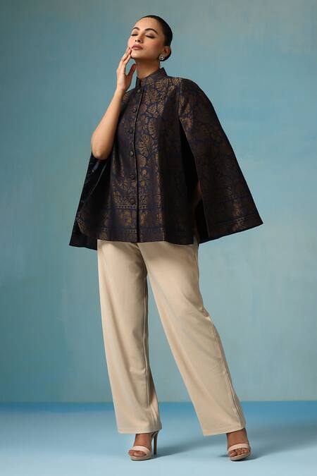 Buy Dusala Blue Silk Embroidery Foliage Zari Cape Online at Aza Fashions Buy_Dusala_Blue Silk Embroidery Foliage Zari Cape _Online_at_Aza_Fashions