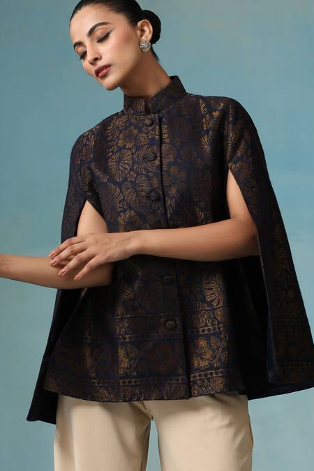 Shop Dusala Blue Silk Embroidery Foliage Zari Cape Online at Aza Fashions Shop_Dusala_Blue Silk Embroidery Foliage Zari Cape _Online_at_Aza_Fashions