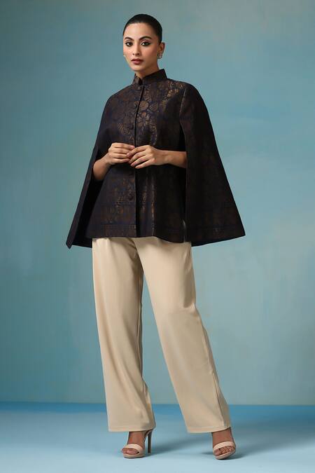 Buy Dusala Blue Silk Embroidery Foliage Zari Cape Buy_Dusala_Blue Silk Embroidery Foliage Zari Cape