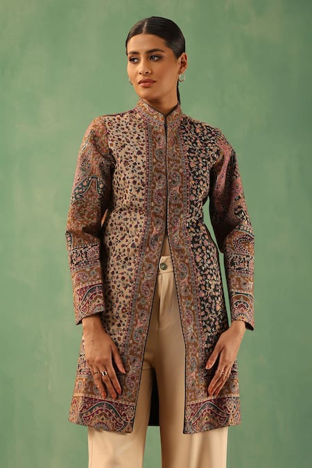 DUSALA Multi Color Fine Wool Silk Gul Yukta Pattern Front Slit Vintage Long Jacket 