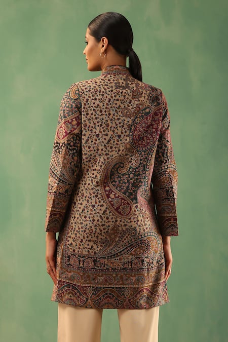 Dusala Yukta Gul Pattern Front Slit Vintage Long Jacket 