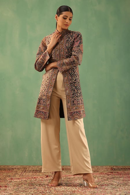 Dusala_Multi Color Wool, Silk Yukta Gul Pattern Front Slit Vintage Long Jacket _Online_at_Aza_Fashions