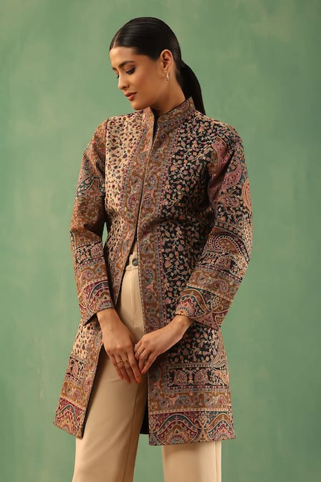 Shop_Dusala_Multi Color Wool, Silk Yukta Gul Pattern Front Slit Vintage Long Jacket _Online_at_Aza_Fashions