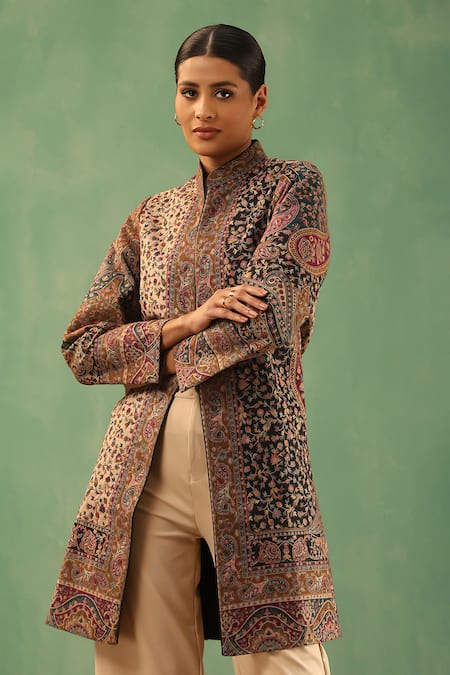 Dusala_Multi Color Wool, Silk Yukta Gul Pattern Front Slit Vintage Long Jacket _at_Aza_Fashions