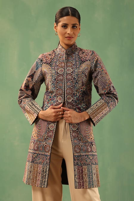 DUSALA Multi Color Fine Wool Silk Bloom Fiza Pattern Front Slit Vintage Long Jacket 