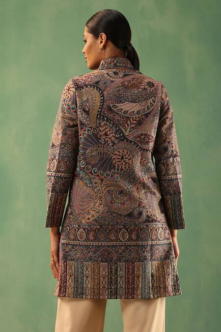 Shop_Dusala_Multi Color Wool, Silk Fiza Bloom Pattern Front Slit Vintage Long Jacket_at_Aza_Fashions