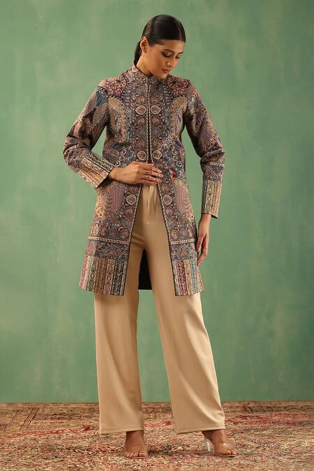 Dusala_Multi Color Wool, Silk Fiza Bloom Pattern Front Slit Vintage Long Jacket_Online_at_Aza_Fashions