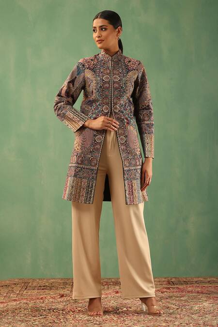 Buy_Dusala_Multi Color Wool, Silk Fiza Bloom Pattern Front Slit Vintage Long Jacket_Online_at_Aza_Fashions