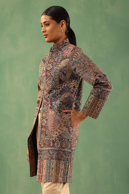 Shop_Dusala_Multi Color Wool, Silk Fiza Bloom Pattern Front Slit Vintage Long Jacket_Online_at_Aza_Fashions