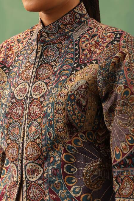 Dusala_Multi Color Wool, Silk Fiza Bloom Pattern Front Slit Vintage Long Jacket_at_Aza_Fashions